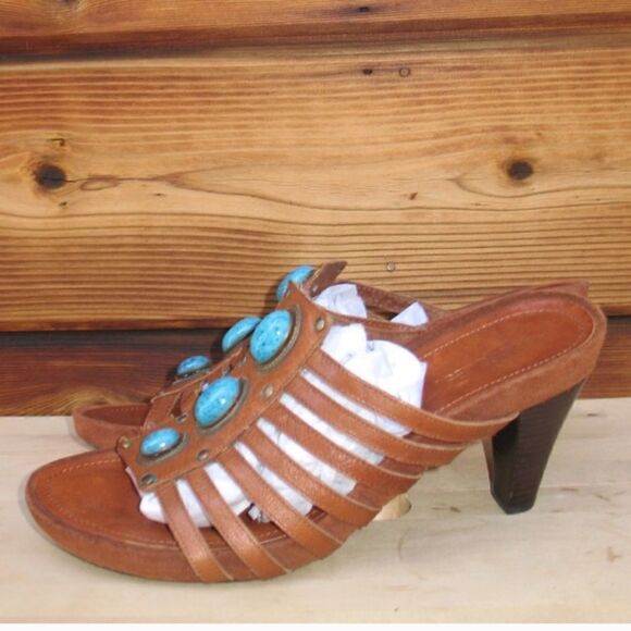 AEROLSOLES Womens 9 Brown Jeweled Slip On Heeled Sandals Shoes - Picture 1 of 8